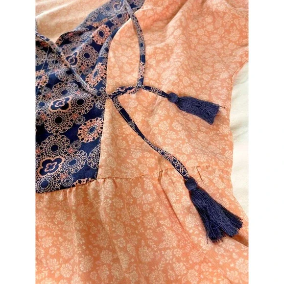 Bobeau Peasant Dress Sz M Coral/Navy Colorblock Boho Tassels - Picture 6 of 11